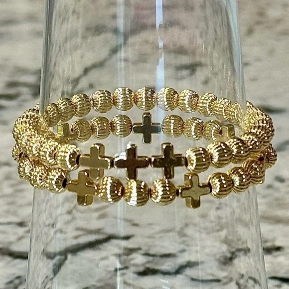 Hand Crafted Lux Infinity Cross 6mm Gold Bead Bracelet - Picture 4 of 14